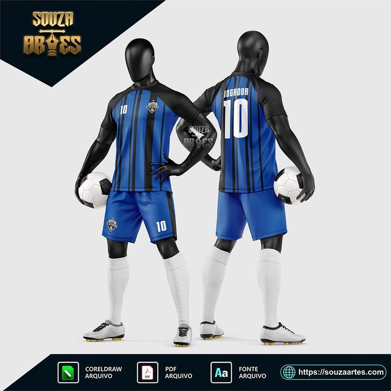 Uniforme de futebol amador azul e preto com listras verticais finas