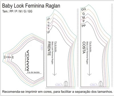 Molde de Costura Para Imprimir Camiseta - 01 - Baby Look Raglan (PP ao GG)