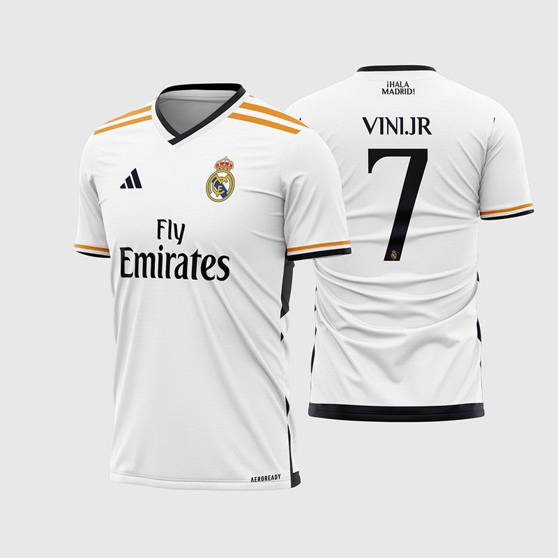 Arte Vetor Camisa Real Madrid Titular 2023 2024 Branca Detalhes Dourados Bellingham para Sublimação