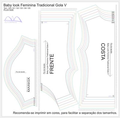Molde de Costura Para Imprimir Camiseta - 15 - Baby Look Tradicional Gola V (GG ao G5)