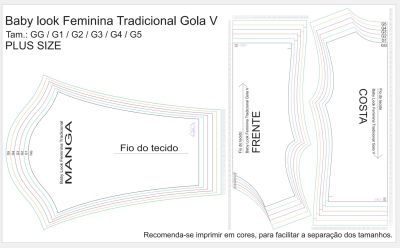 Molde de Costura Para Imprimir Camiseta - 16 - Baby Look Tradicional Gola V Manga Longa (GG ao G5)