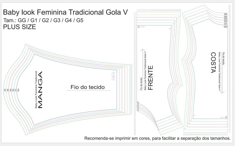 Molde de Costura Camiseta - 16 - Baby Look Tradicional Gola V Manga Longa (GG ao G5)