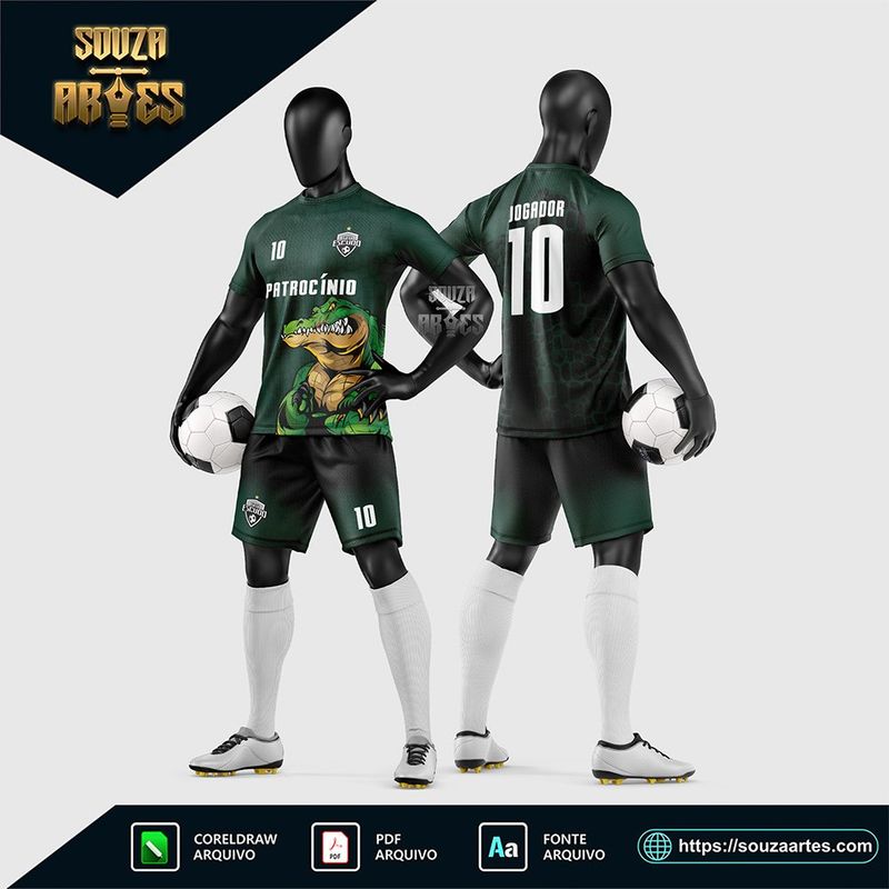 Uniforme de futebol amador verde-escuro com estampa central