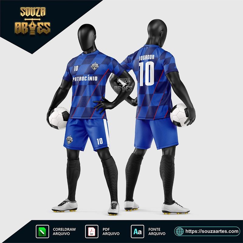 Uniforme de futebol amador azul com faixas diagonais vermelhas
