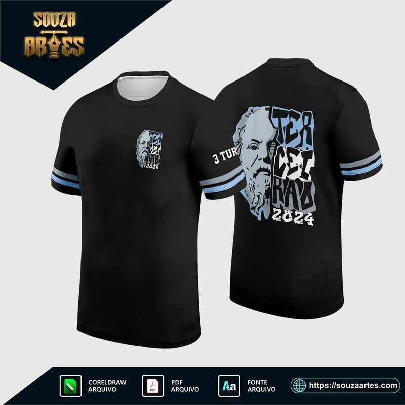 Camisa preta de Terceirão 2025 com estampa tipográfica branca e azul