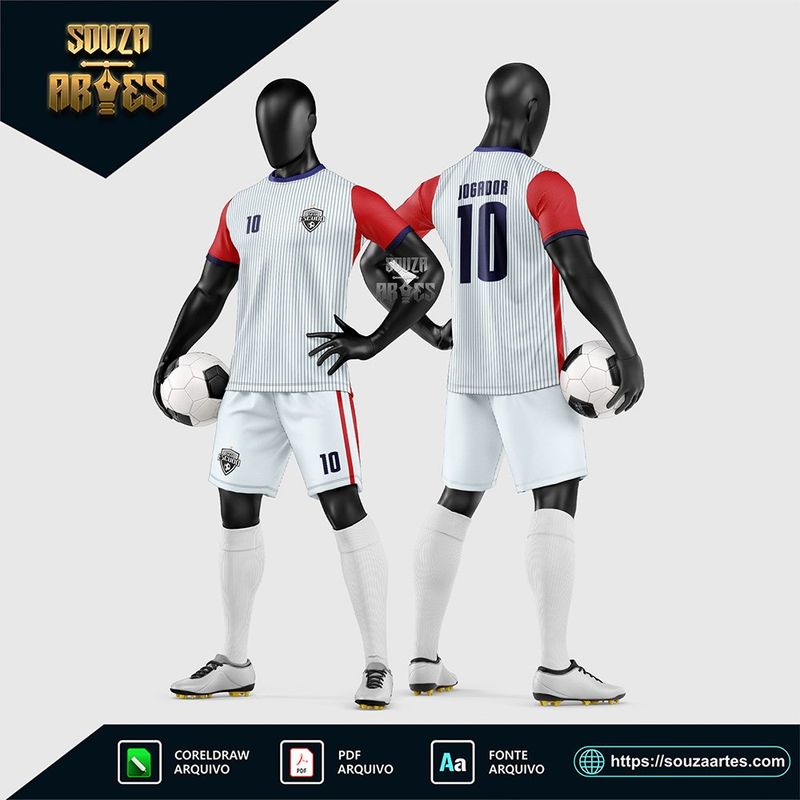 Uniforme de futebol amador branco com detalhes vermelhos e azul-marinho