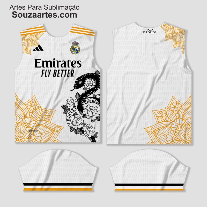 Imagem do Arquivo Digital Camisa Real Madrid Conceito Cobra 2024, mostrando o design exclusivo em alta resolução, ideal para personalização de camisas e produtos de tecido.