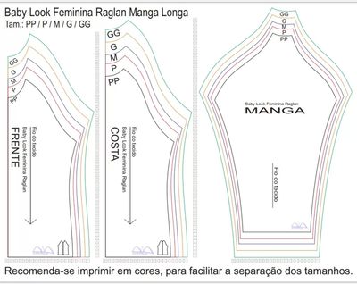 Molde de Costura Para Imprimir Camiseta - 02 - Baby Look Raglan Manga Longa (PP ao GG)