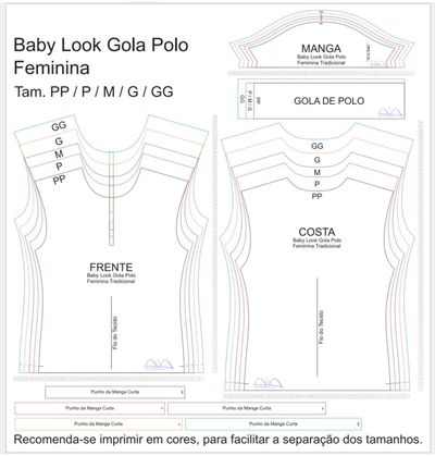 Molde de Costura Para Imprimir Camiseta - 19 - Baby look Gola Polo Tradicional (PP ao GG)