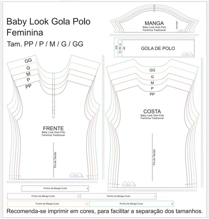 Molde de Costura Camiseta - 19 - Baby look Gola Polo Tradicional (PP ao GG)