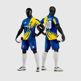 Uniforme de futebol amador azul e amarelo com grafismos diagonais