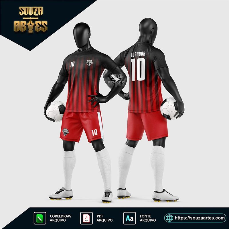Uniforme de futebol amador preto e vermelho com listras verticais