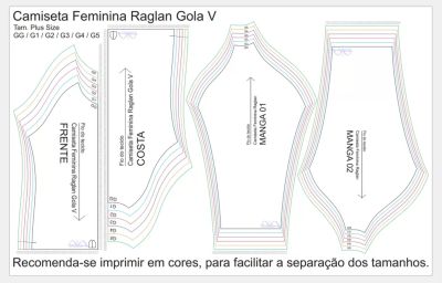 Molde de Costura Para Imprimir Camiseta - 12 - Baby Look Raglan Gola V Manga Longa (GG ao G5)