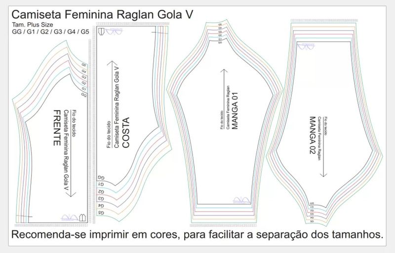Molde de Costura Camiseta - 12 - Baby Look Raglan Gola V Manga Longa (GG ao G5)