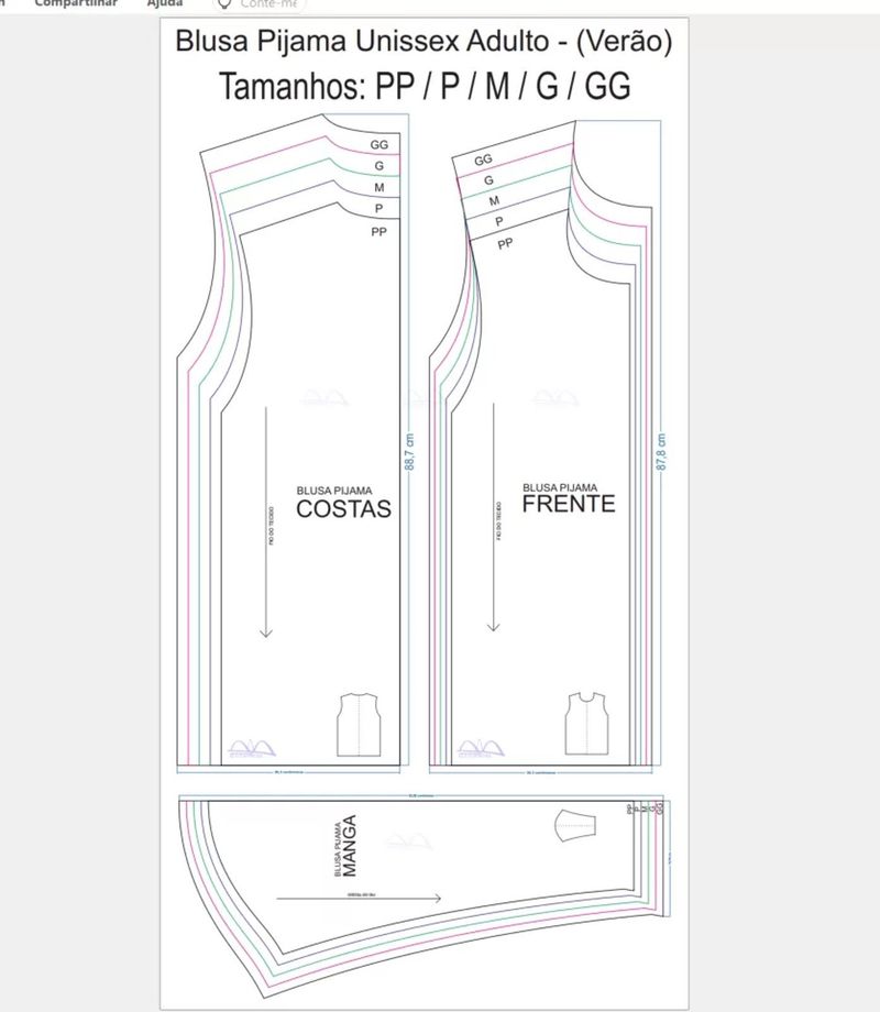 Molde de Costura Camiseta - 26 - Blusa de Pijama Unissex Verão (PP ao GG)