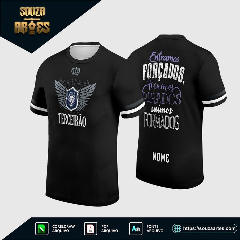 Camisa preta de Terceirão 2025 com frases de formatura nas costas