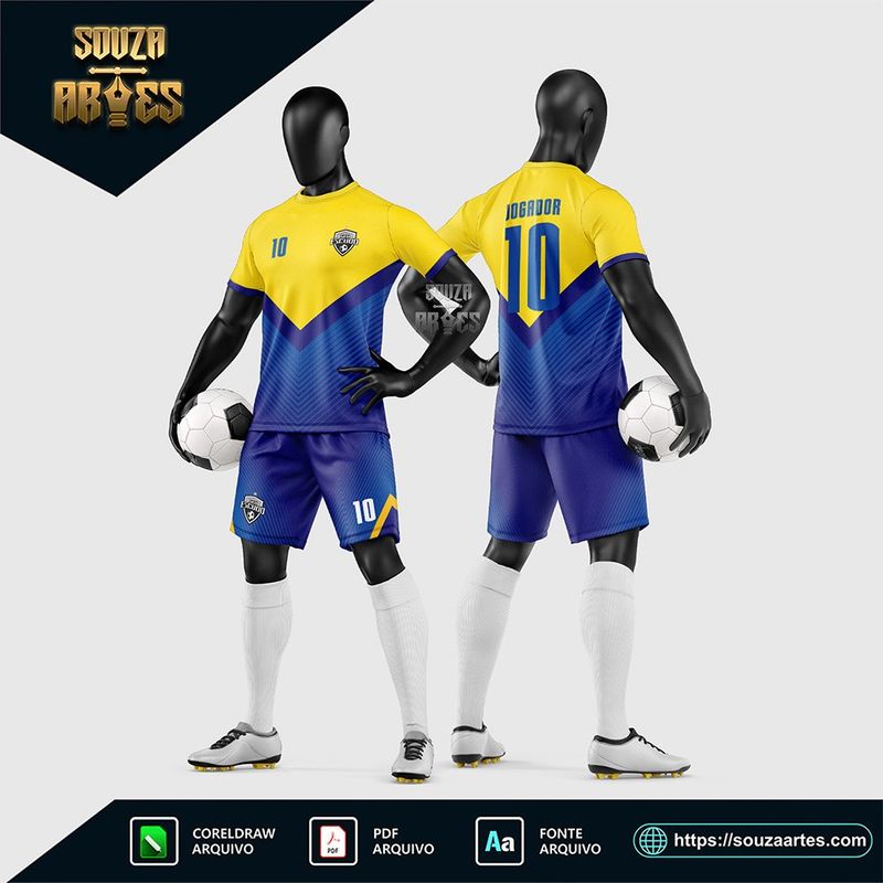 Uniforme de futebol amador amarelo e azul-marinho com divisão diagonal