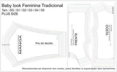 Molde de Costura Para Imprimir Camiseta - 14 - Baby Look Tradicional Manga Longa (GG ao G5)