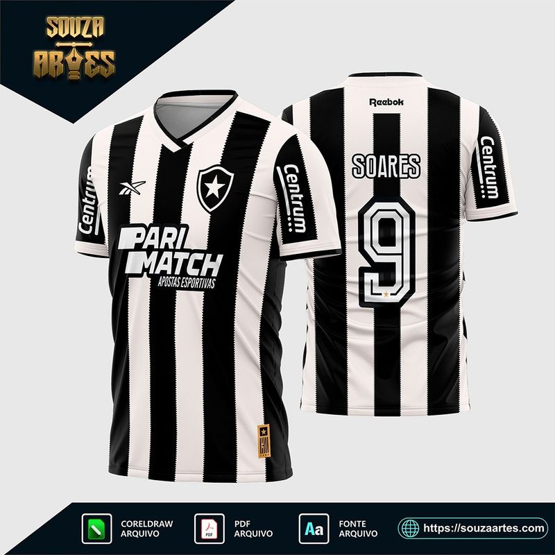 Design digital vetorizado da camisa titular do Botafogo para a temporada 2024-25, disponível em Corel Draw X7, PDF e TTF.
