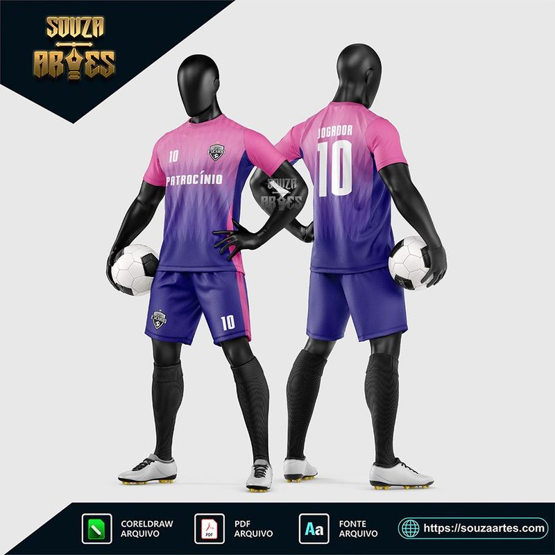 Uniforme de futebol amador rosa e roxo com camisa bicolor