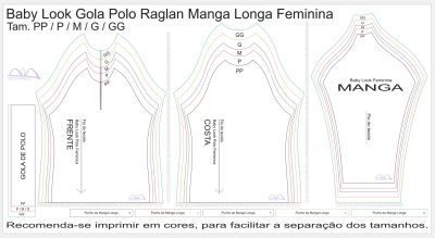 Molde de Costura Para Imprimir Camiseta - 18 - Baby look Gola Polo Raglan Manga Longa (PP - GG)