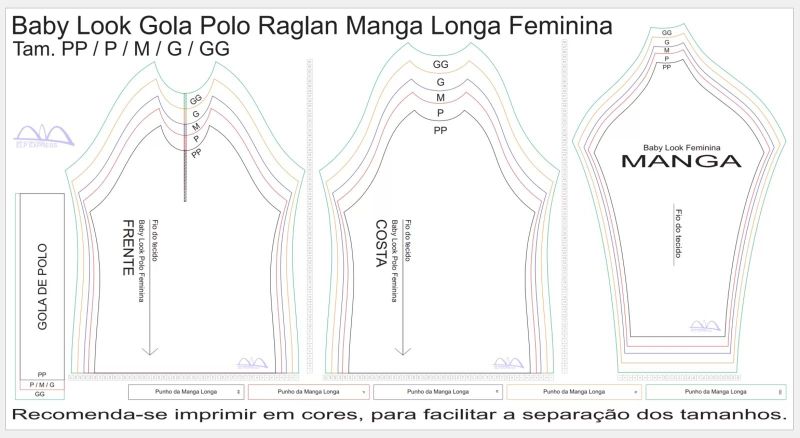 Molde de Costura Camiseta - 18 - Baby look Gola Polo Raglan Manga Longa (PP - GG)
