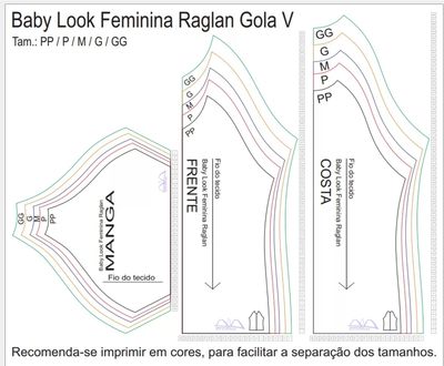 Molde de Costura Para Imprimir Camiseta - 03 - Baby Look Raglan Gola V (PP ao GG)