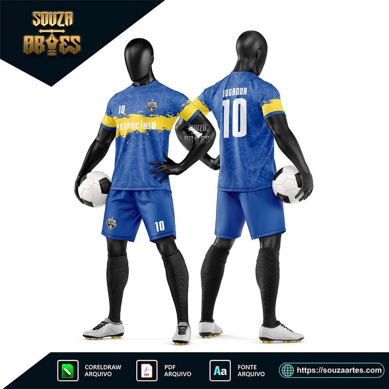 Uniforme de futebol amador azul e amarelo com faixas diagonais