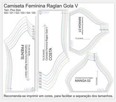 Molde de Costura Para Imprimir Camiseta - 11 - Baby Look Raglan Feminina Gola V Manga Curta (GG ao G5)