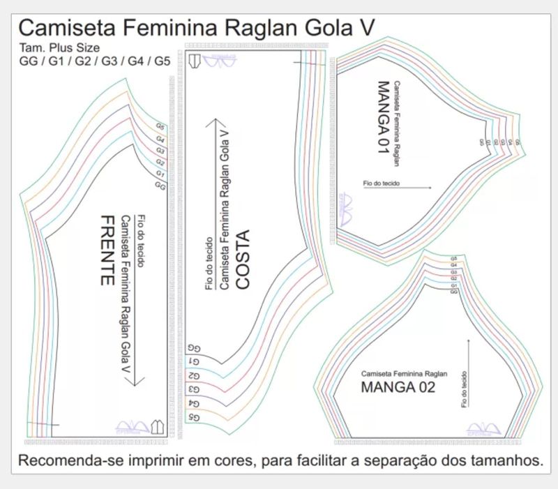 Molde de Costura Camiseta - 11 - Baby Look Raglan Feminina Gola V Manga Curta (GG ao G5)