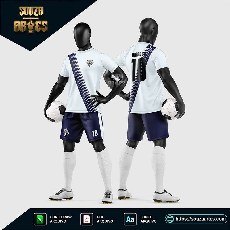 Uniforme de futebol amador branco e azul-marinho com faixa diagonal