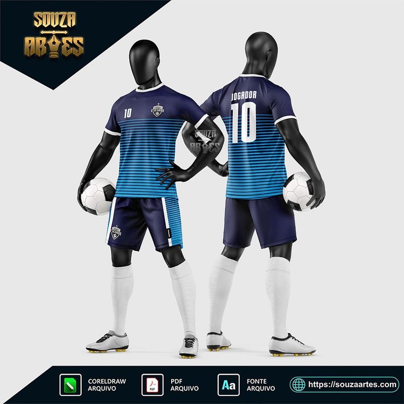 Uniforme de futebol amador azul-marinho e turquesa com listras horizontais