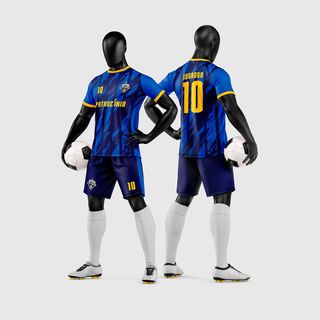 Uniforme de futebol amador azul com faixas diagonais amarelas